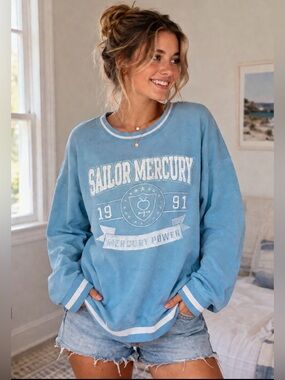 Pretty Guardian Sailor Moon Mercury Varsity Crewneck BoxLunch Exclusive. Size XL